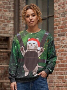 NWT Unisex Funny Christmas Cat Crew Neck Sweater – Size Medium